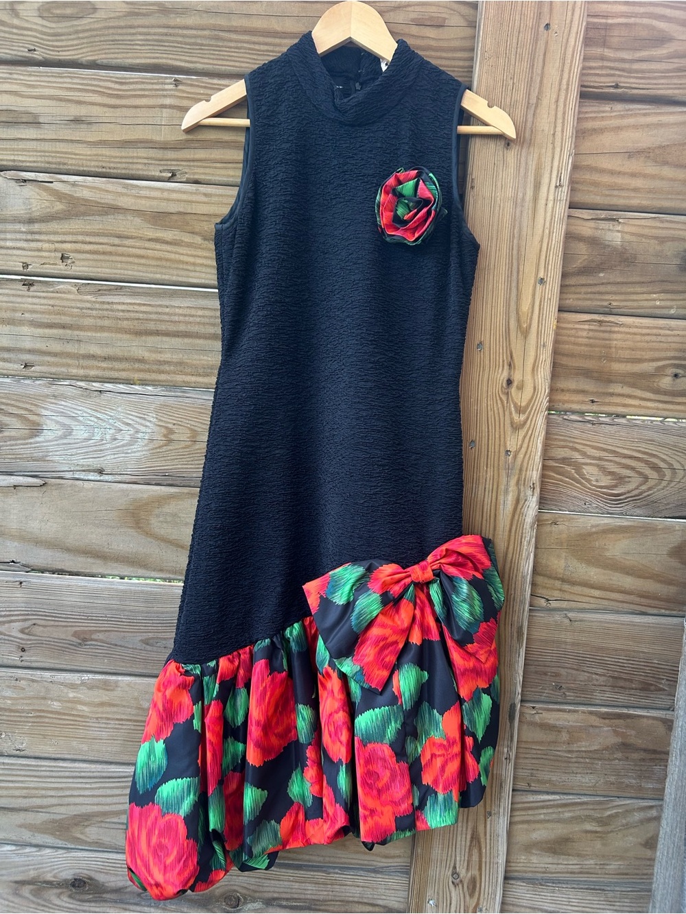 R&K Black Midi Dress with Red & Green Floral Accent